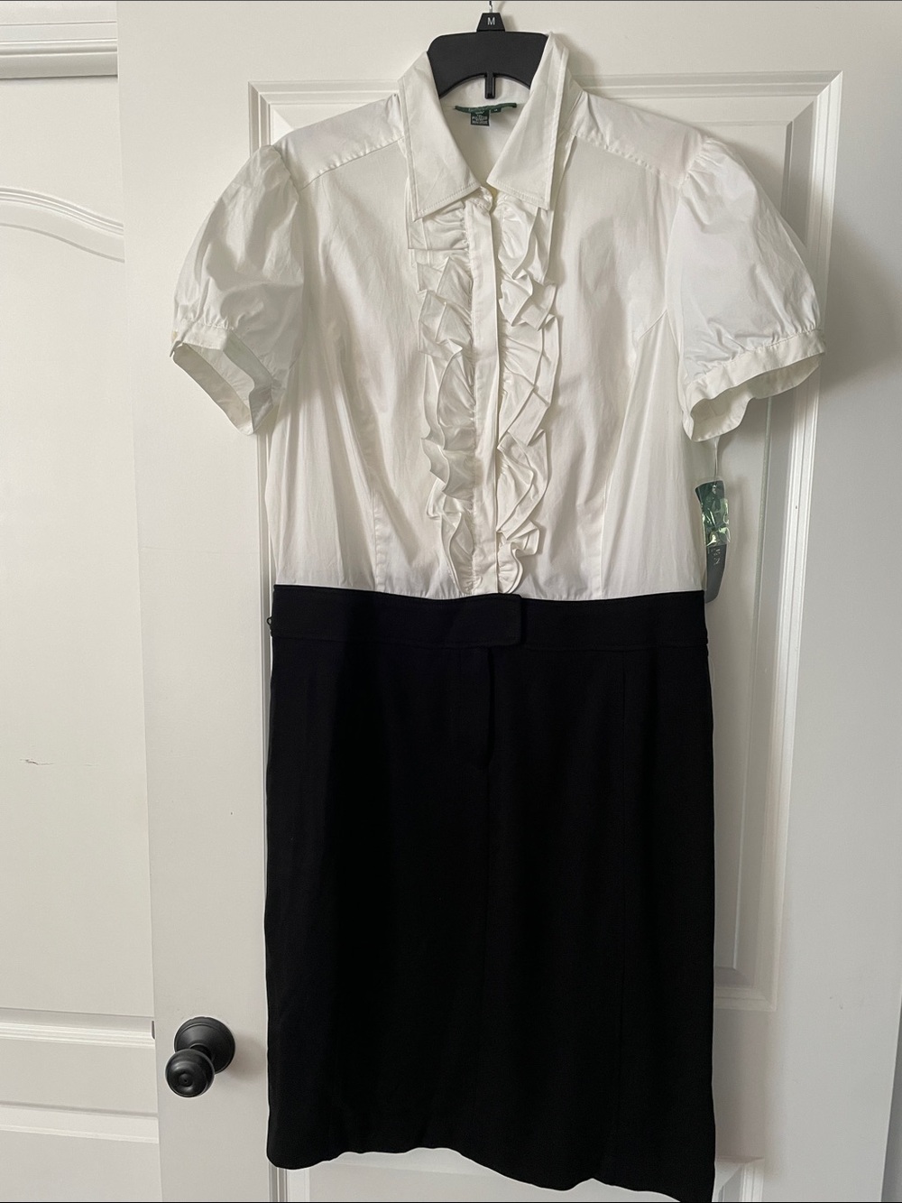 Lauren Ralph Lauren White Ruffle-Front Blouse with Black Skirt